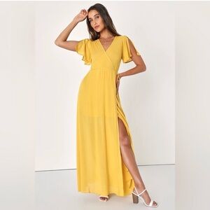 Lulus Much Obliged Yellow Wrap Maxi Dress with Flutter Sleeves